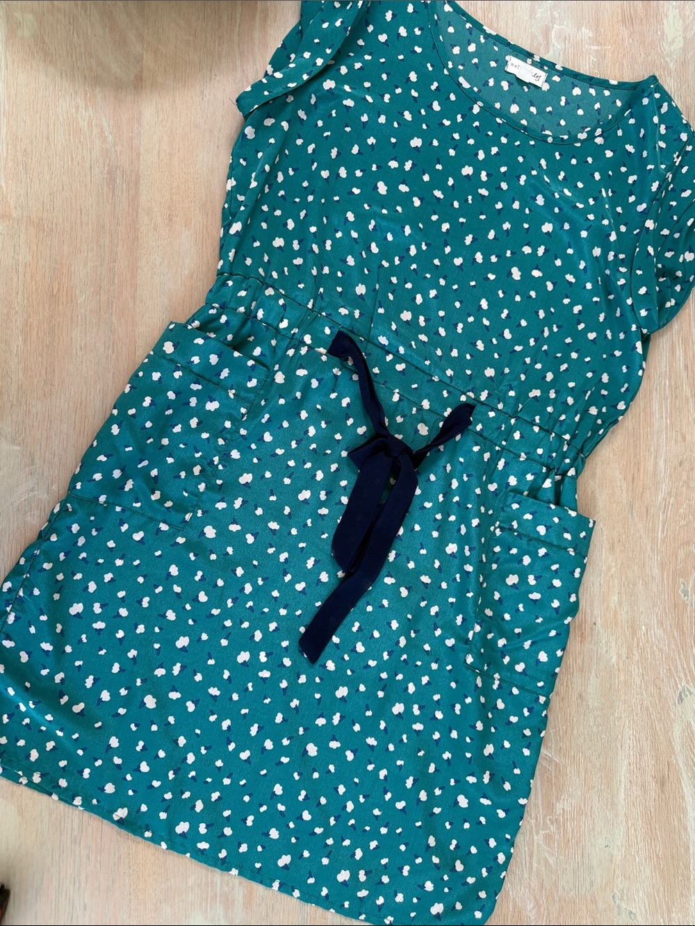 Maison Jules Teal Dress with White and Navy Dot Print
